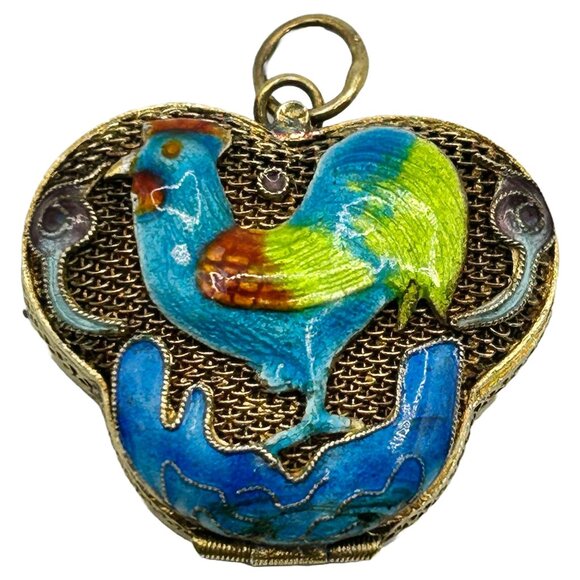 Antique Silver/Gold Vermeil Enamel Rooster Locket Pendant/Charm - Picture 1 of 5